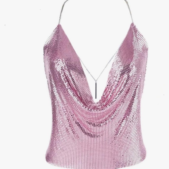 Tops - NWOT Pink Metal Sparkly Deep V Neck Body Chain Top